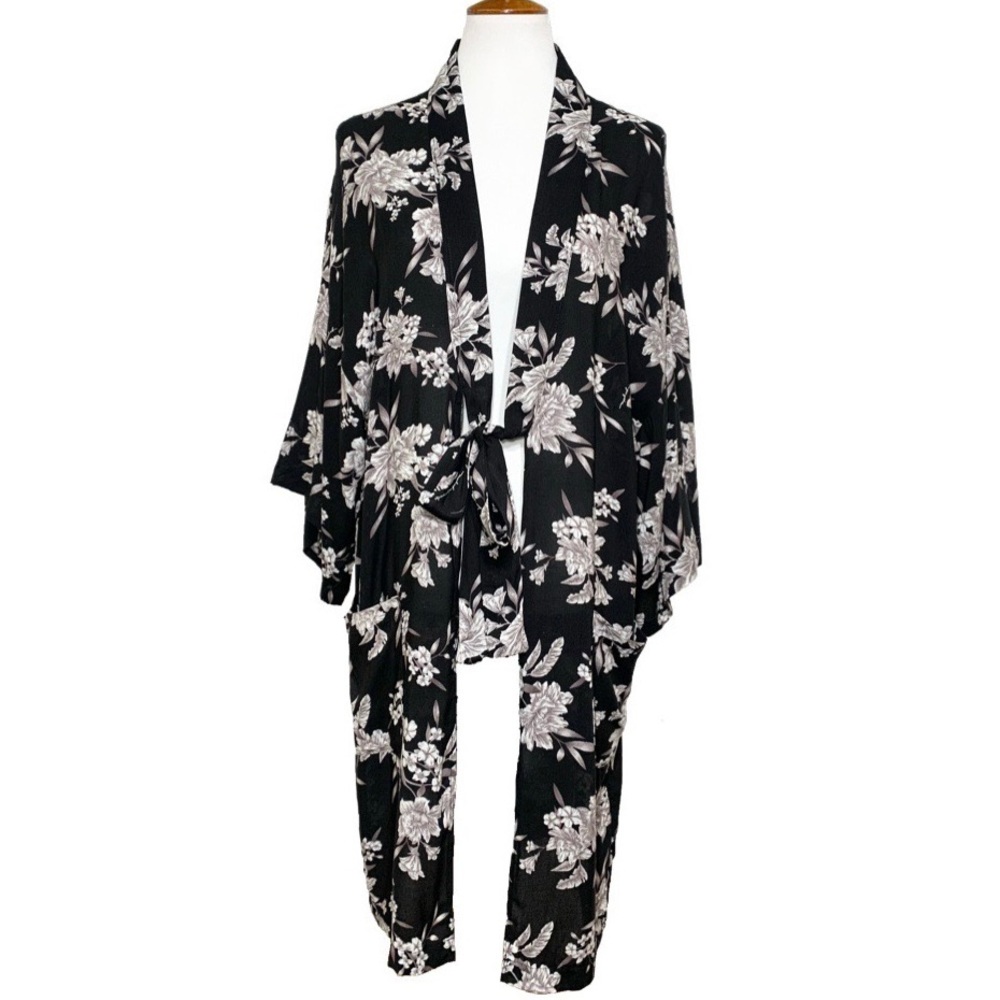 Spiritual Gangster Tropical Floral Print Black Tie Waist Kimono Wrap Cardigan - Picture 2 of 12